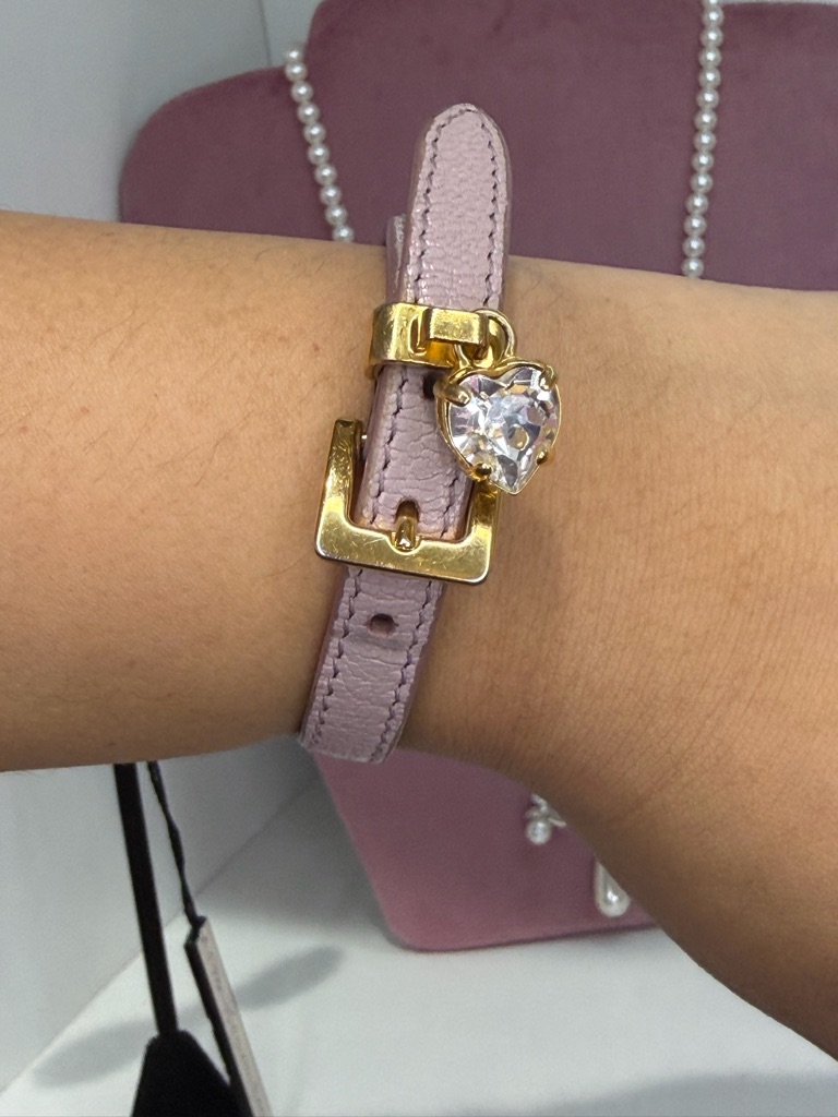 Miu Miu Leather Crystal Heart Bracelet With Gold Hardware